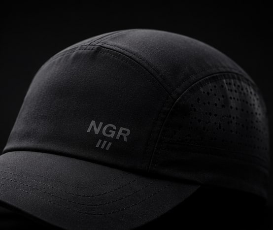 PACE Running Cap negra de cinco paneles con logo NGR tono sobre tono.