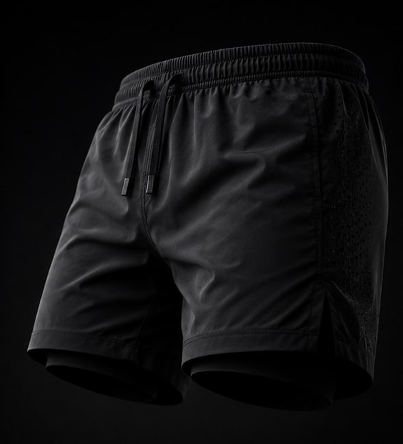 PACE Running Short negro en vista tres cuartos, con cordón y ventilación láser en el panel lateral.